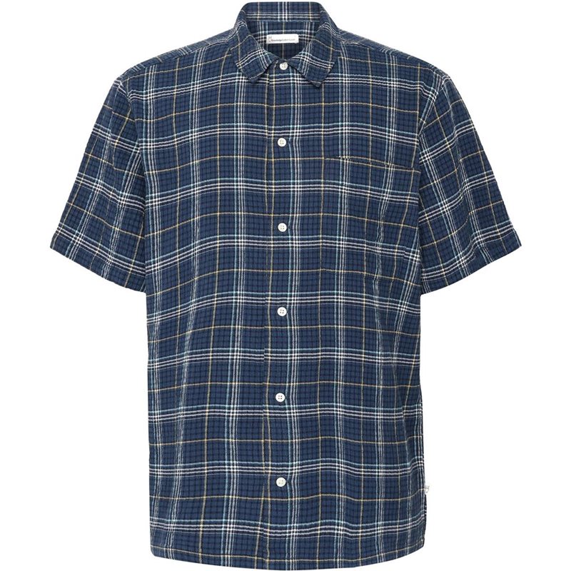 KnowledgeCotton Apparel Box Fit Seersucker Short Sleeved Shirt Blue Check - S
