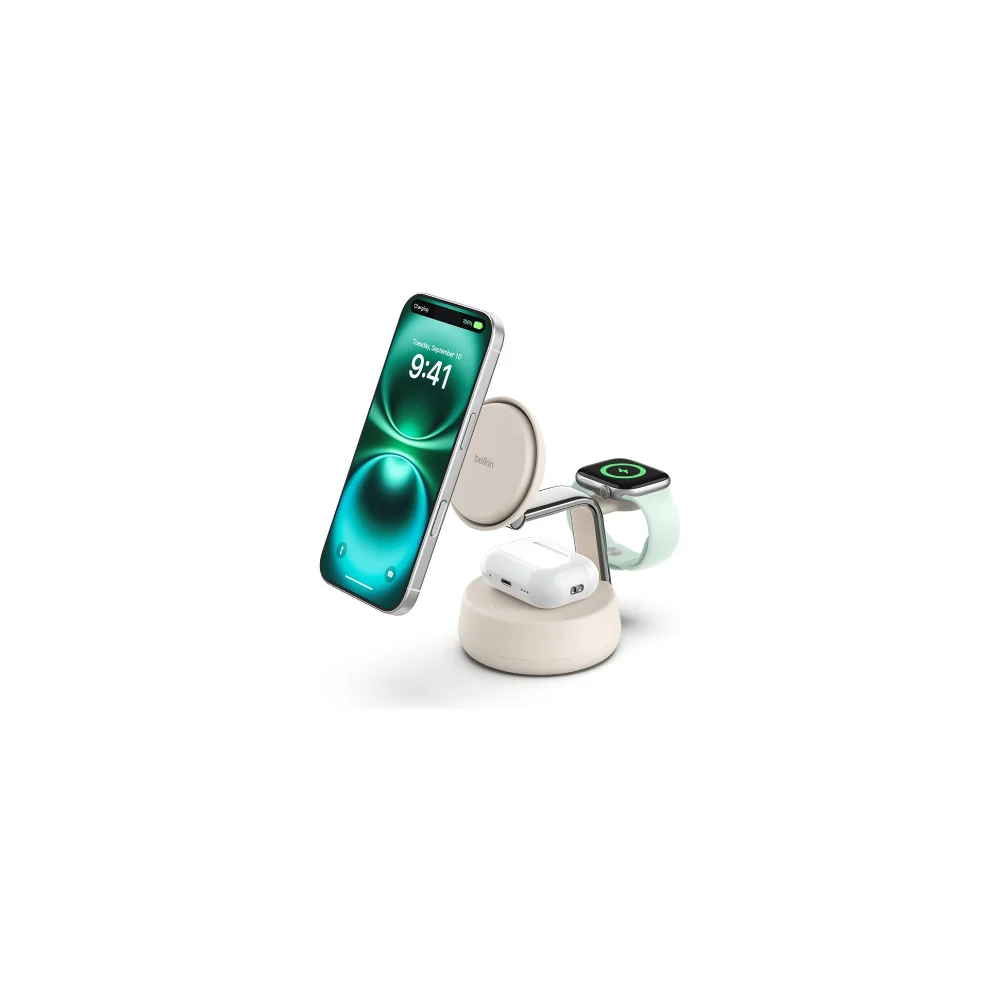 Belkin UltraCharge Pro 3-i-1 magnetisk laddningsdocka 25W Qi2, sand