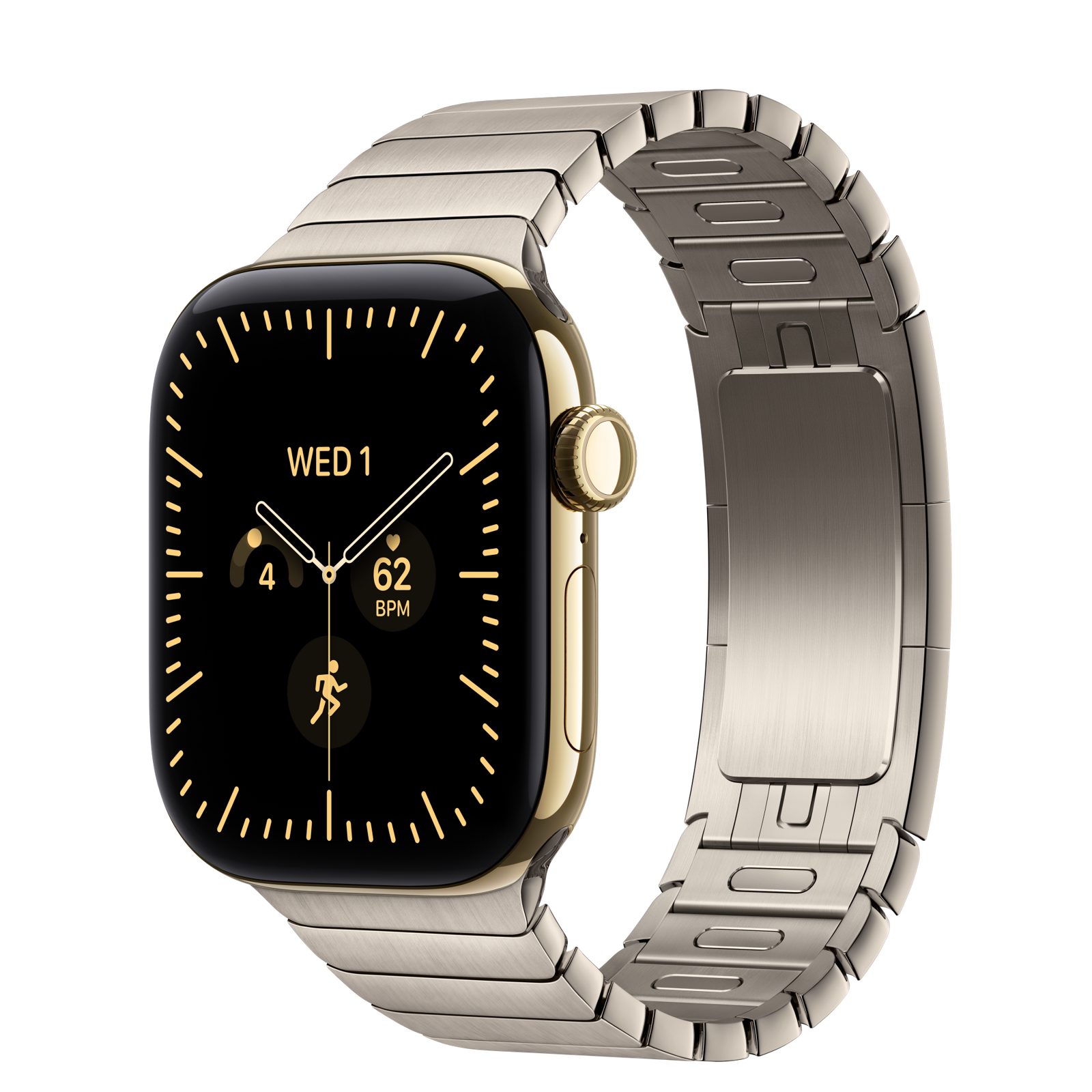 Apple Watch Series 12 (GPS + Cellular) • Titanboett skinande guld, 42 mm • Länkarmband naturlig finish