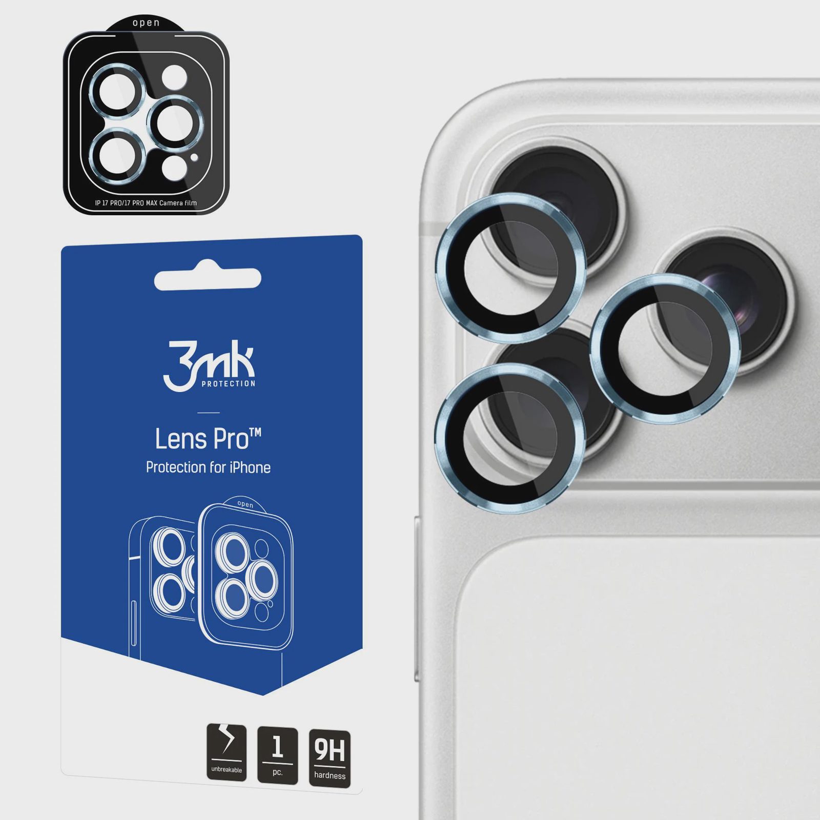 3mk Lens Protection Pro härdat glas för iPhone 17 Pro / 17 Pro Max – ljusblått