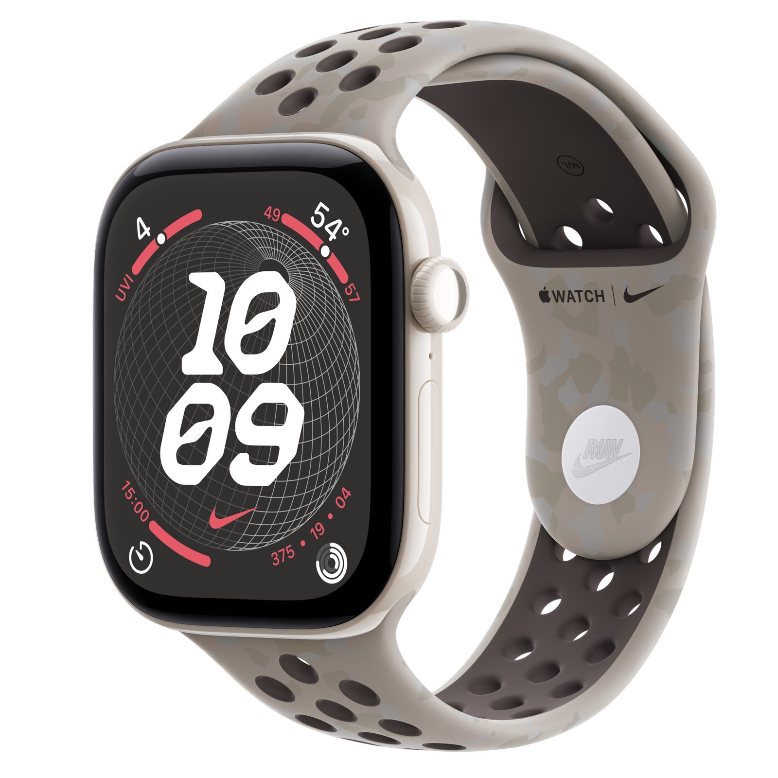 Apple Watch Series 12 (GPS + Cellular) • Keramikboett pärlvit, 46 mm • Nike-sportband i Pavement Grey