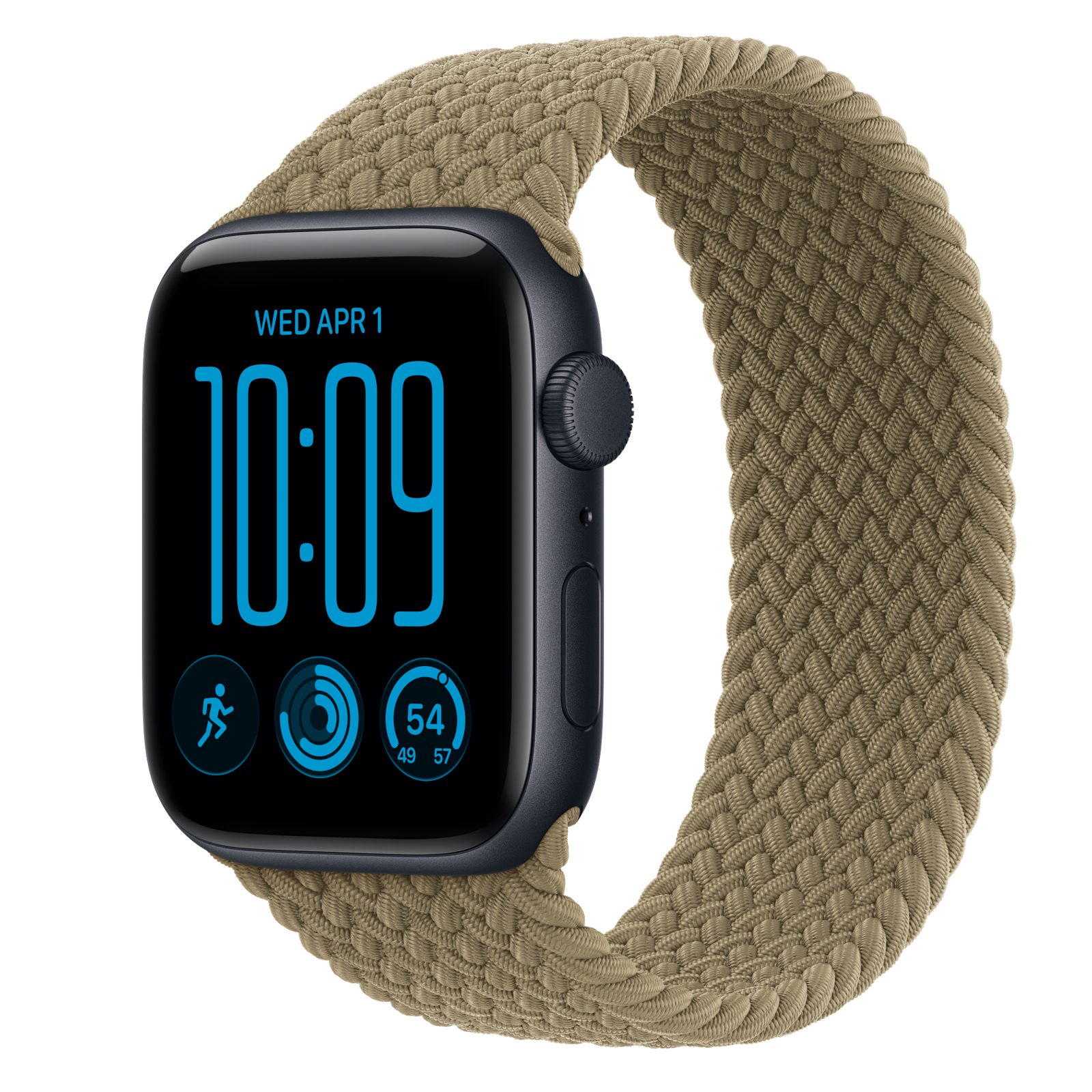 Apple Watch SE 3 (GPS) • Aluminiumboett midnatt, 44 mm • Flätad sololoop oliv