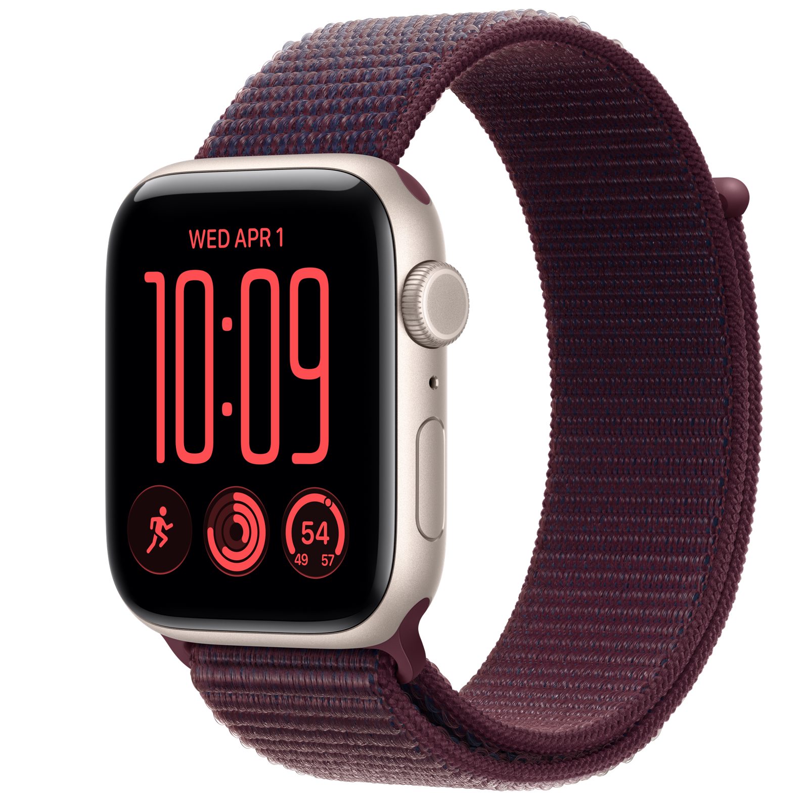 Apple Watch SE 3 (GPS + Cellular) • Aluminiumboett stjärnglans, 44 mm • Sportloop bourgogne
