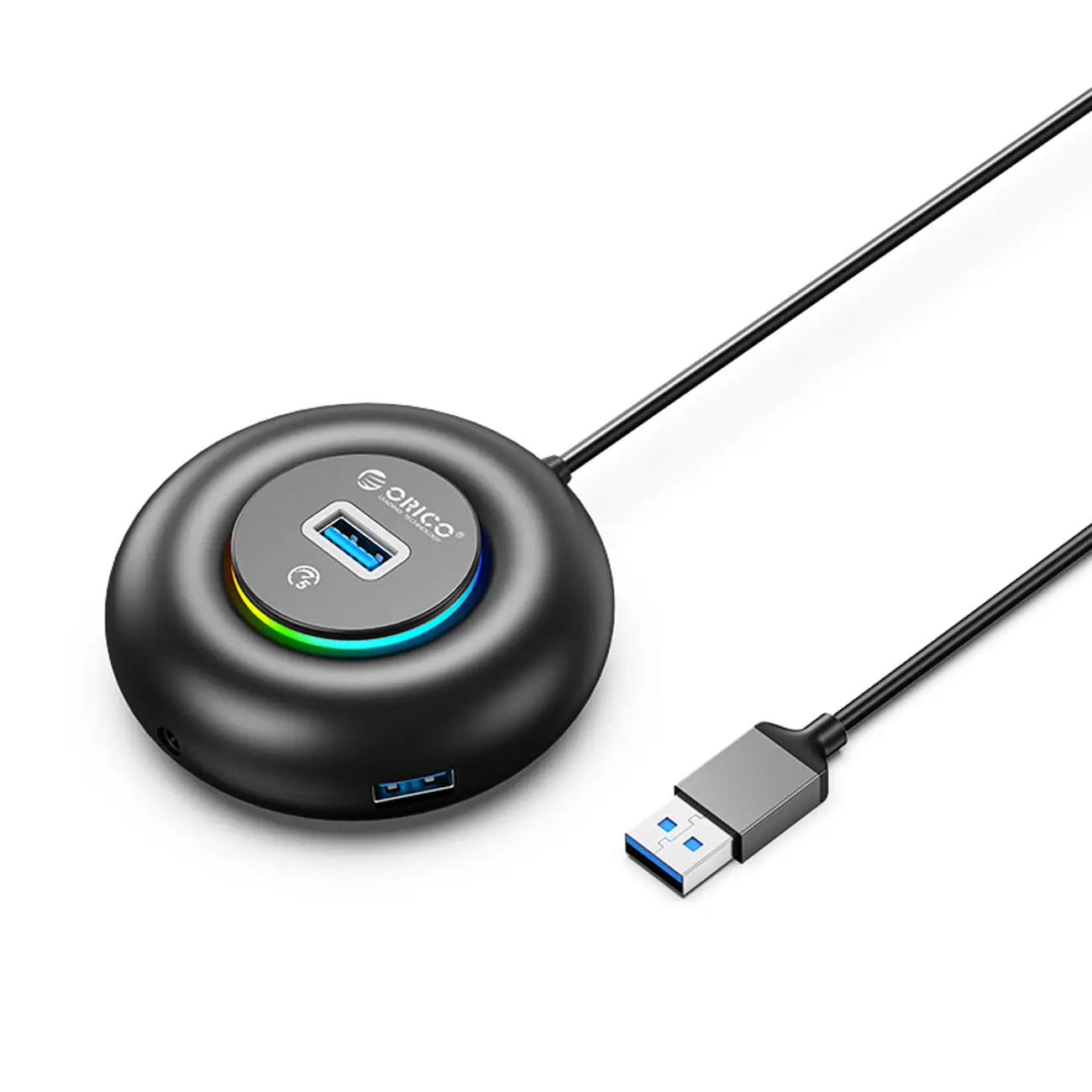 Orico YXR4-U3 RGB USB-hubb med 4 USB-A 3.0-portar och ljud-/mikrofonport, 0,3 m – svart