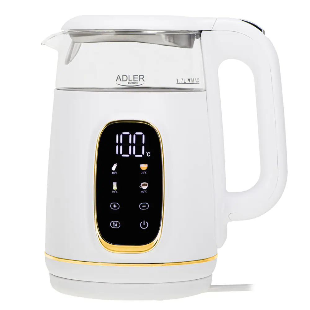 Adler AD 1305WG, 1,7 l, 2200 W, Transparent, Guld, Vit, Glas, Plast, Justerbar termostat, Vattennivå indikator