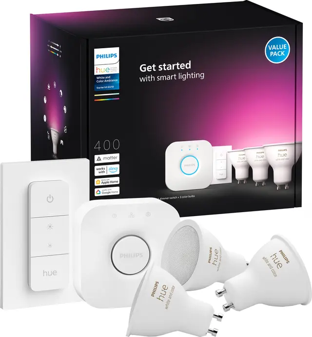 Philips Hue startpaket 3 X GU10 spotlights + brygga + dimmer