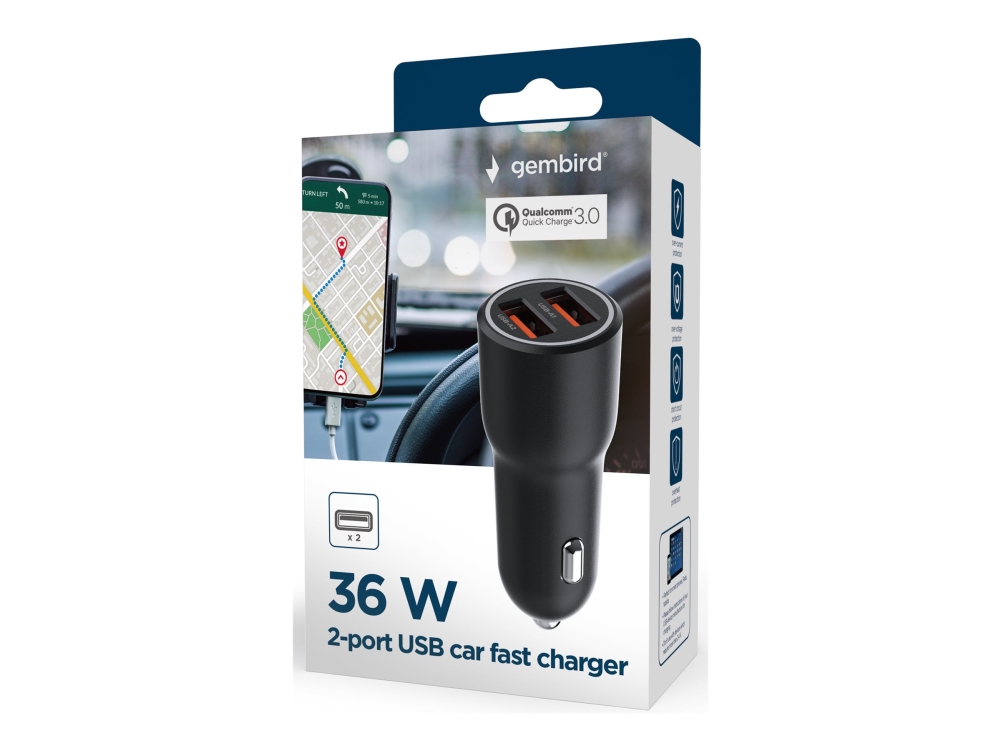Gembird - Strömadapter för bil - 36 watt - 3 A - QC 3.0 - 2 utdatakontakter (USB typ A) - svart