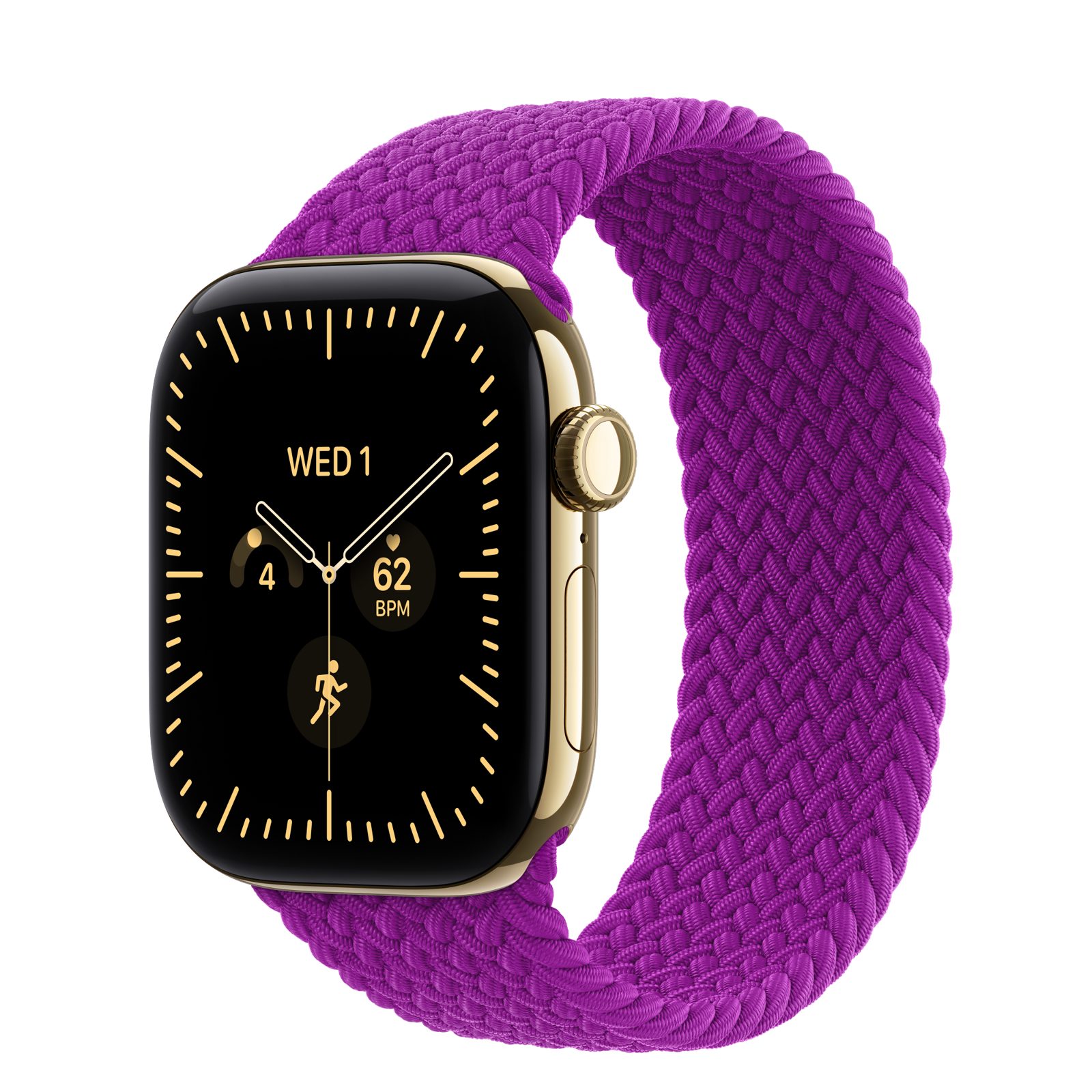 Apple Watch Series 12 (GPS + Cellular) • Titanboett skinande guld, 42 mm • Flätad sololoop magenta