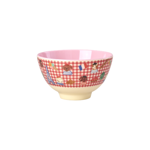 Rice - Melamine Bowl with Red Kids in Paris Print - Pink - 300 ml