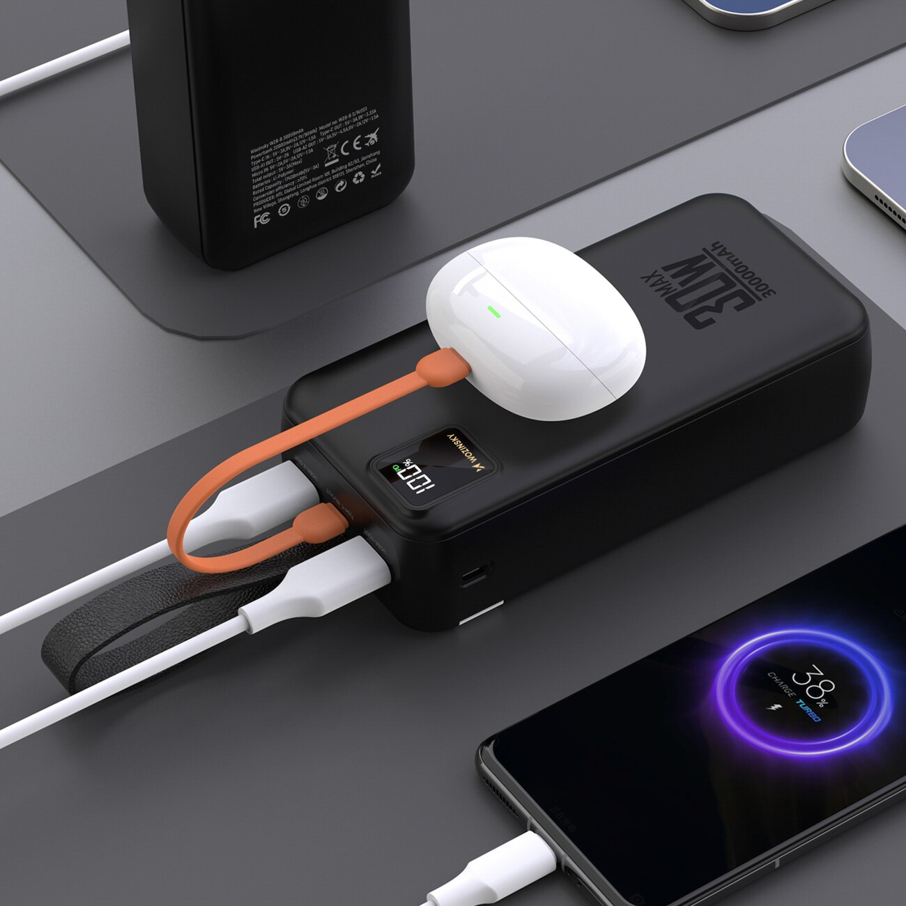 Wozinsky W8-W 30 000 mAh 30 W powerbank med 2x USB-A och USB-C samt ficklampa – Svart, bild 5