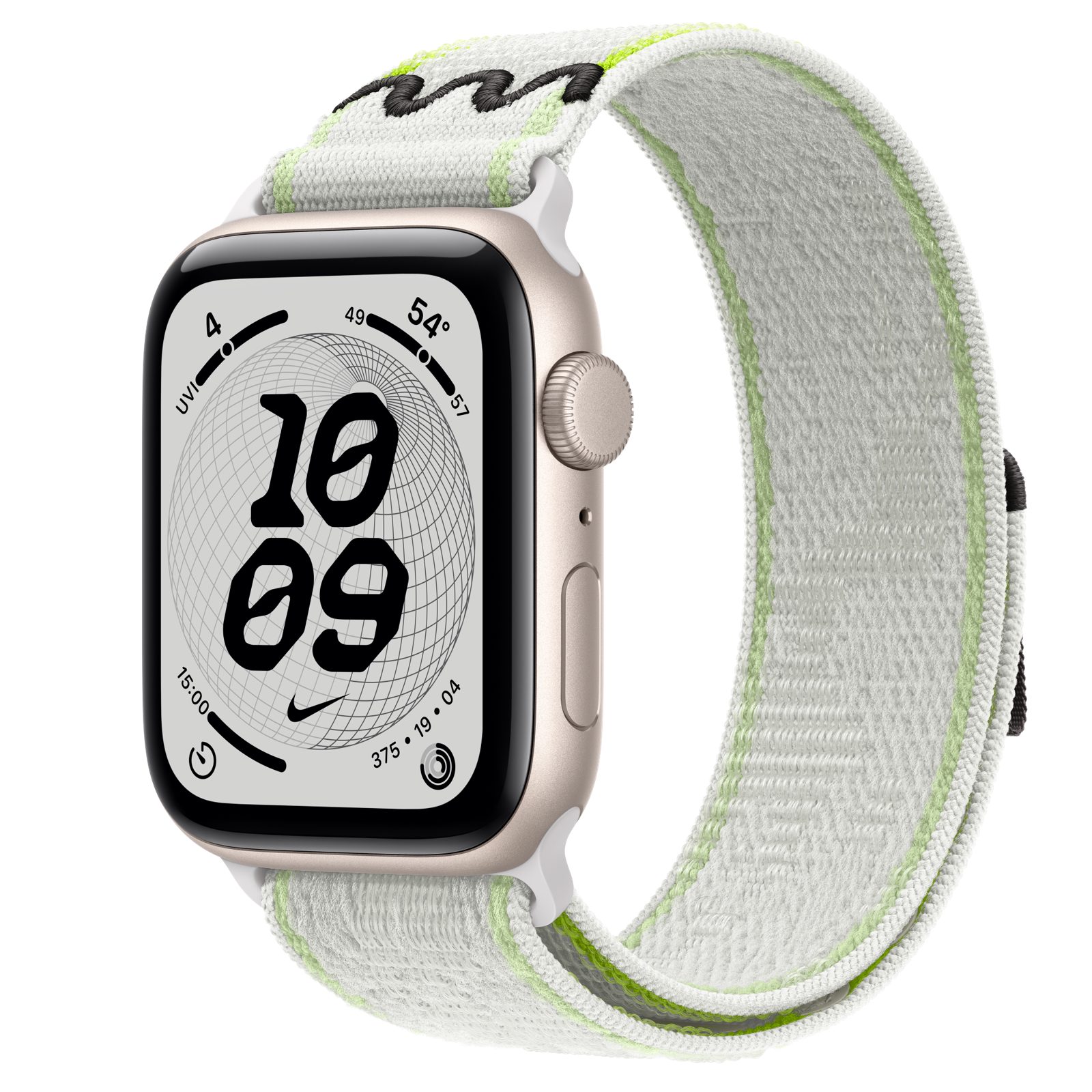 Apple Watch SE 3 (GPS) • Aluminiumboett stjärnglans, 44 mm • Nike-sportloop i Essential White