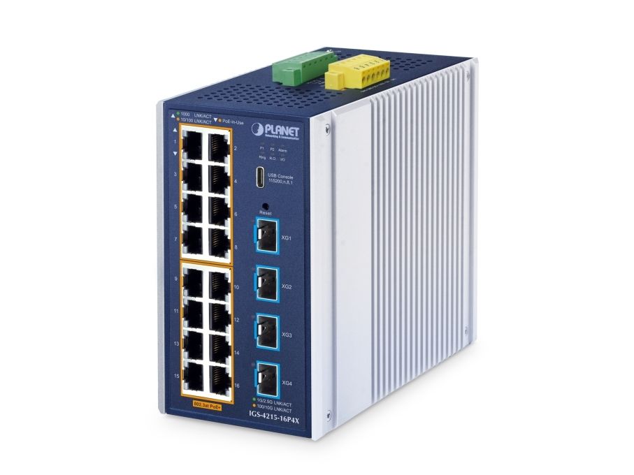PLANET ndustrial L2+ 16-Port 10/100/1000T 802.3at PoE + 4-Port 10G SFP+ Managed Ethernet Switch, hanterad, L2+, Gigabit Ethernet (10/100/1000), Full duplex, Strömförsörjning via Ethernet (PoE) stöd, Monteringsbar på väggen