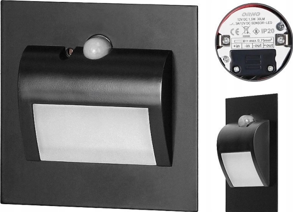 Orno DRACO LED new trappbelysning infälld 1,5W, 12VDC, 30lm, 4000K, svart, rörelse- och skymningssensor AD-OS-6164LR4/B