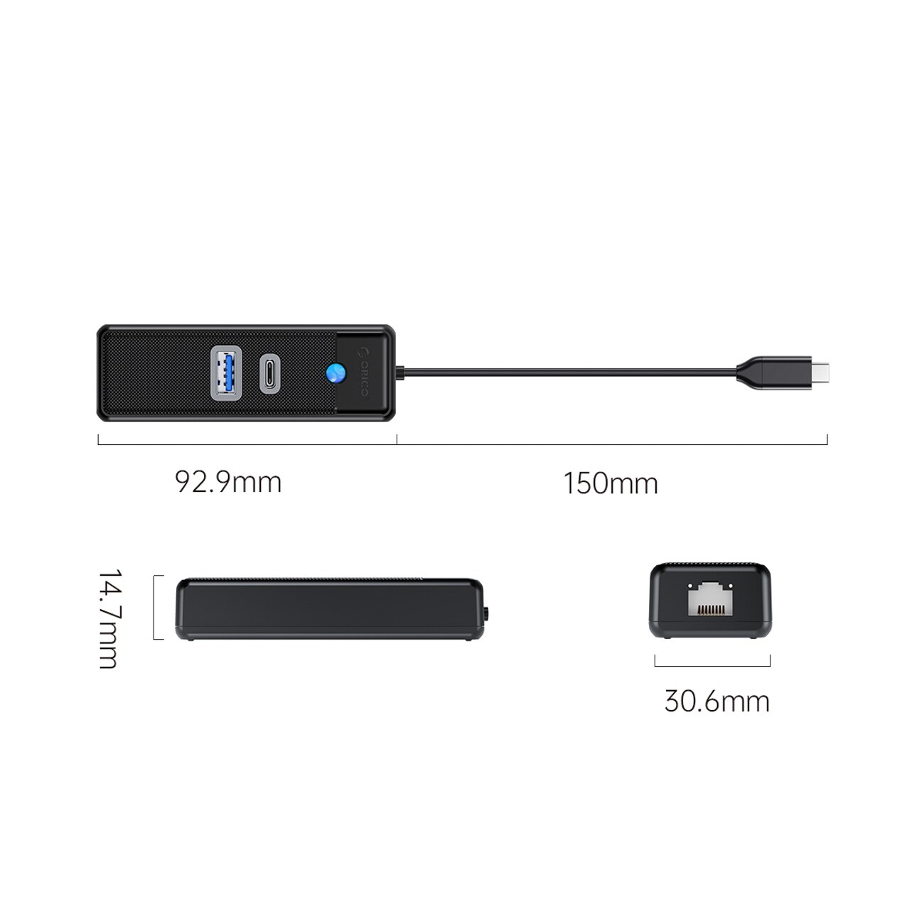 Orico PWCUR-C3 USB-hubb 3 portar: USB-A 3.0, USB-C 3.0, RJ45 Gigabit, 0,15 m, svart, bild 3