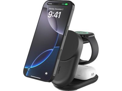 Belkin UltraCharge 3-i-1 vikbar magnetisk laddare 25 W Qi2, svart