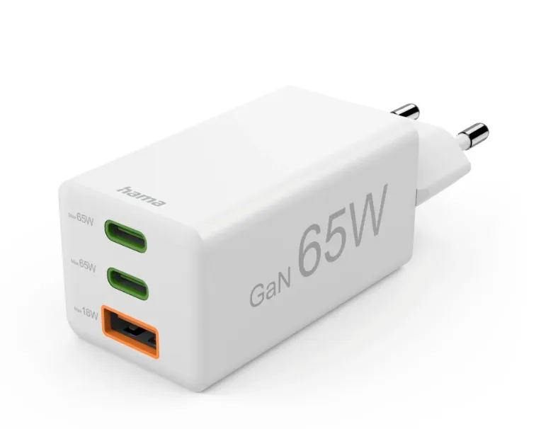 Hama 00201996 GaN-laddare 65 W PD, 2x USB-C, 1x USB-A, vit