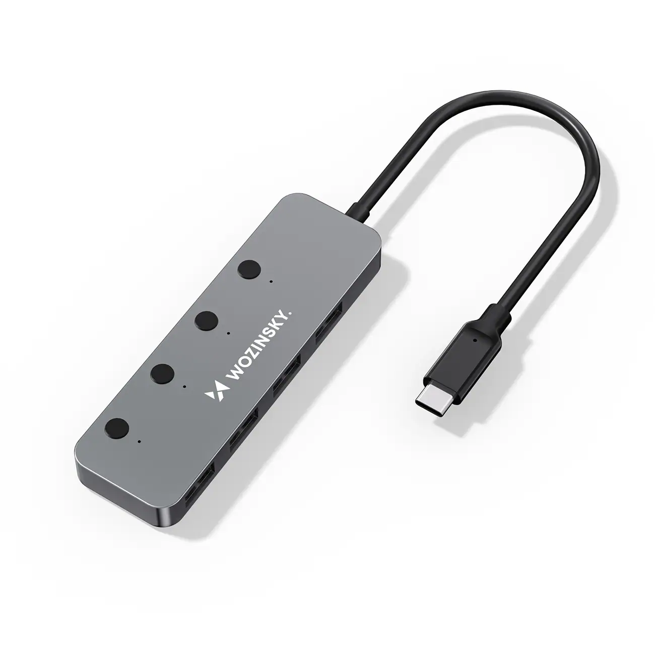 Wozinsky WHS080YSS 4x USB-A 3.0-hubb i aluminium m. strömbrytare & 15 cm USB-C-kabel – grå, bild 2
