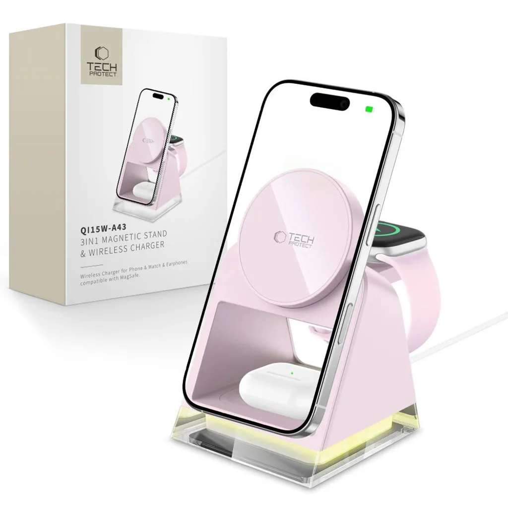 Tech-Protect 3in1 MagSafe trådlös QI Laddare, 15W - Rosa