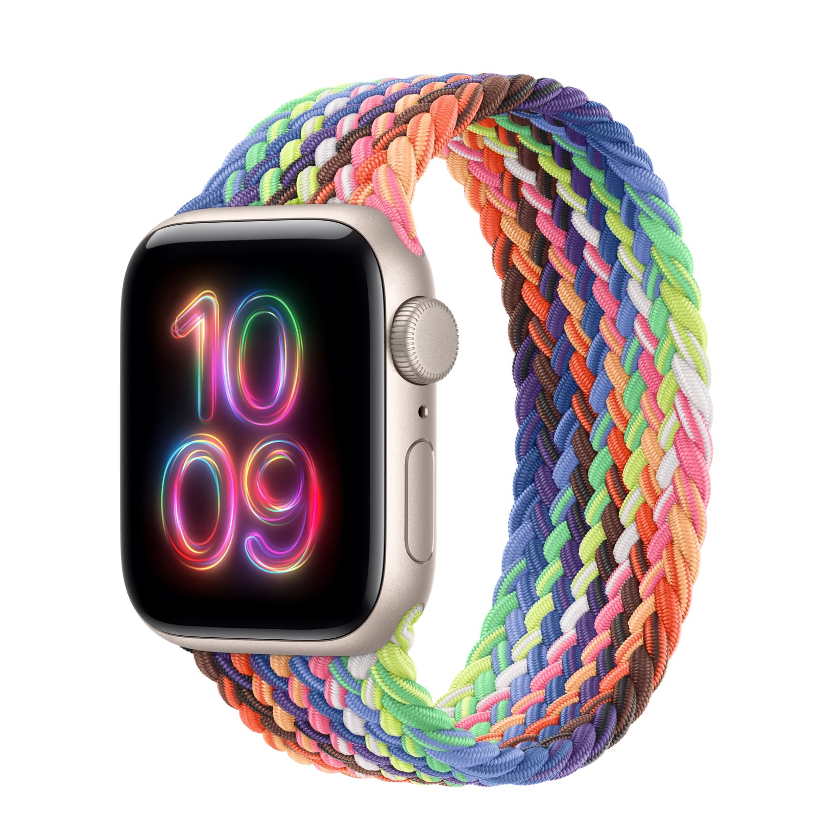 Apple Watch SE 3 (GPS) • Aluminiumboett stjärnglans, 40 mm • Flätad sololoop Pride Edition