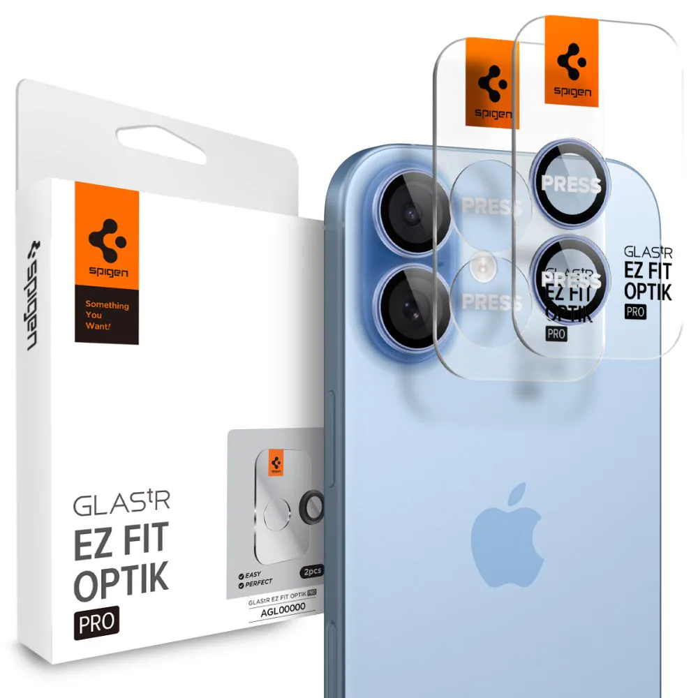 Spigen Optik Pro GLAS.TR "EZ FIT" kameraskydd 2-pack för iPhone 16 / 16 Plus / 17 - Blå