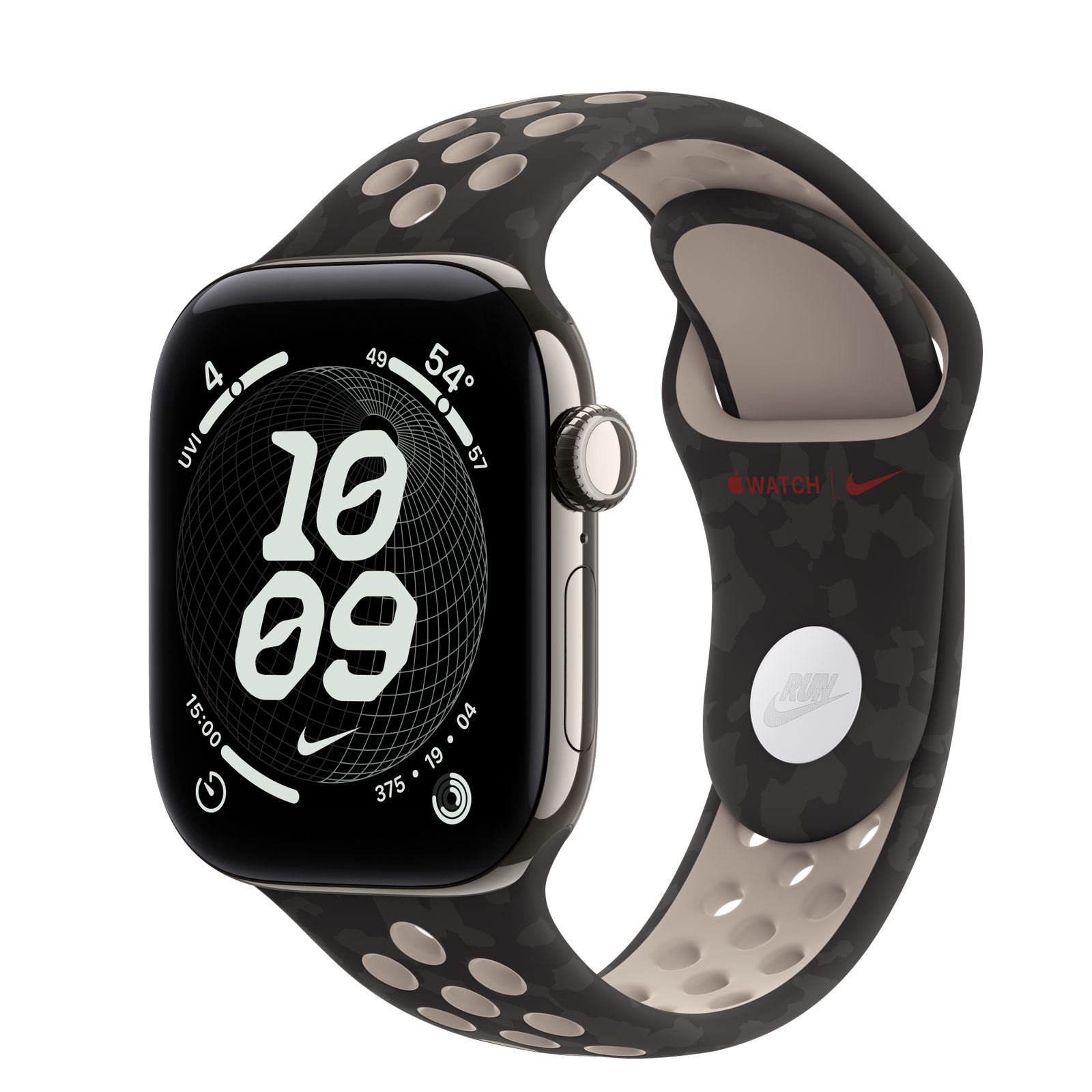 Apple Watch Series 12 (GPS + Cellular) • Titanboett naturlig, 42 mm • Nike-sportband i After Dark Black