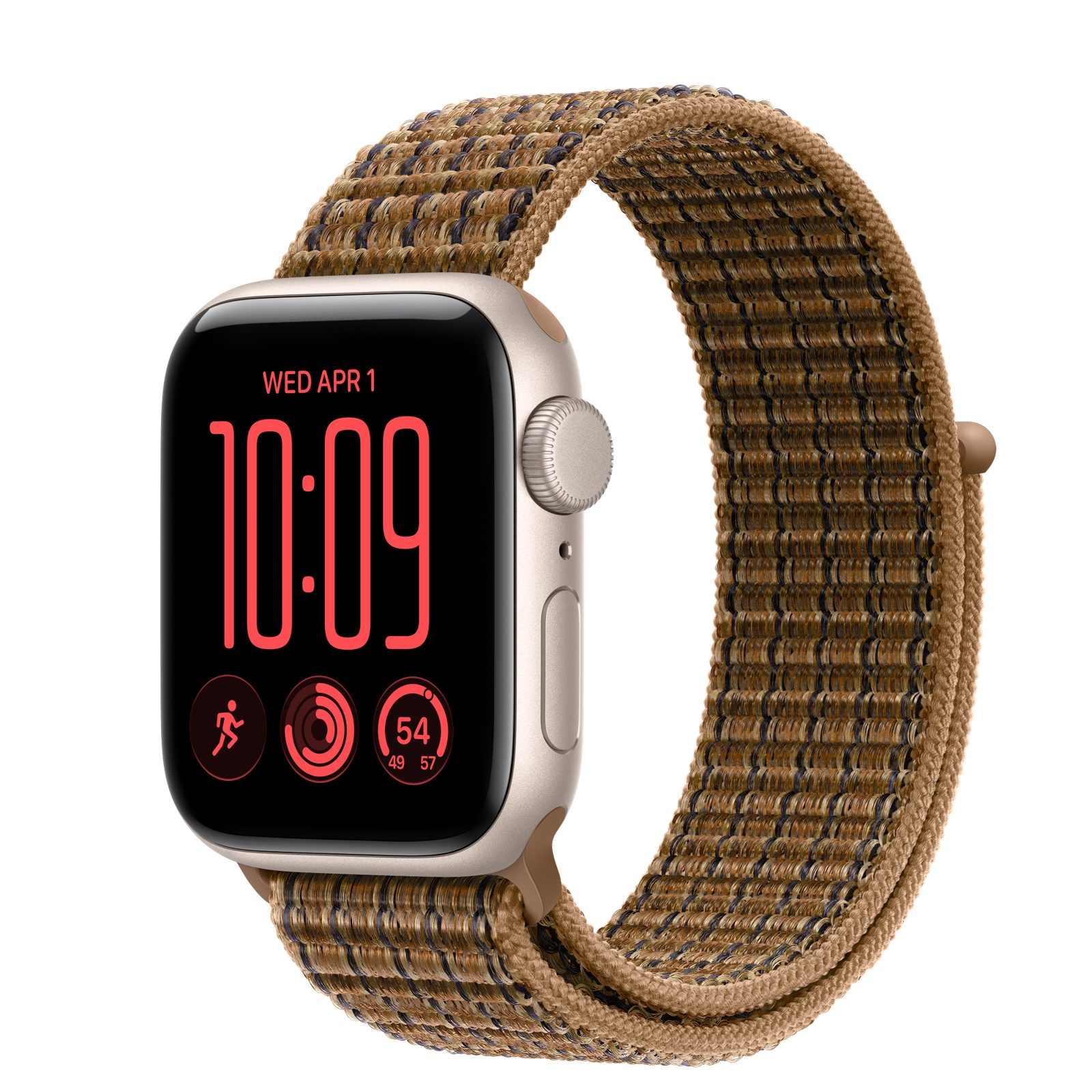 Apple Watch SE 3 (GPS) • Aluminiumboett stjärnglans, 40 mm • Sportloop skotskrutig ljus umbra