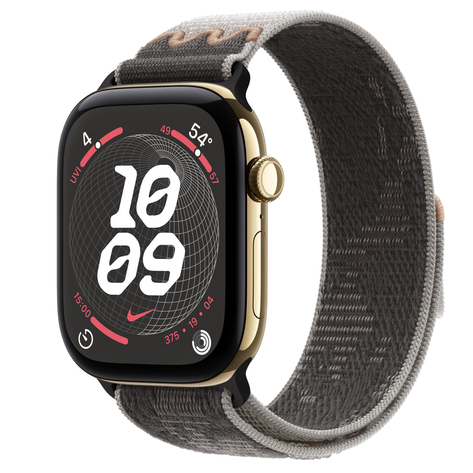 Apple Watch Series 12 (GPS + Cellular) • Titanboett skinande guld, 46 mm • Nike-sportloop i Pavement Grey