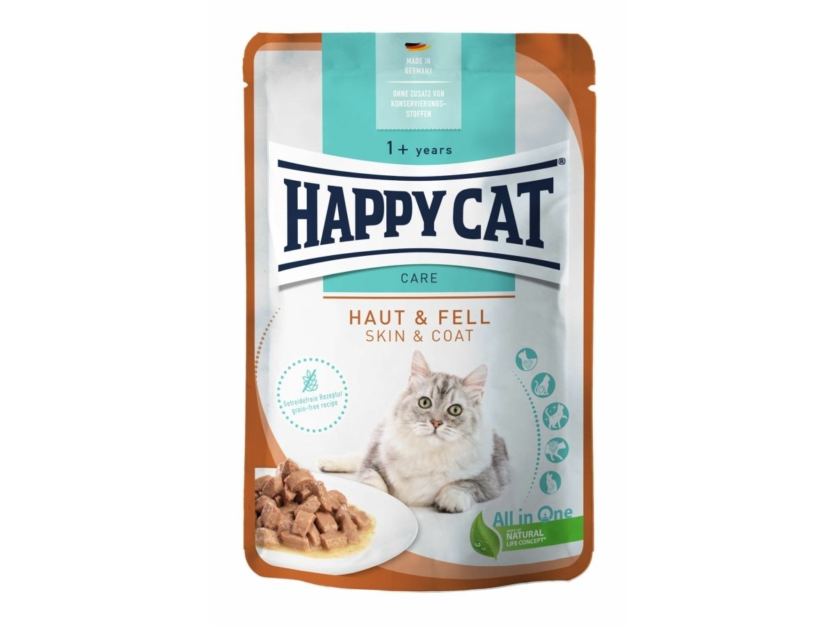 Happy Cat Sensitive Meat in Sauce våtfoder för vuxna katter, för frisk hud och päls, kyckling & lax, 85 g påse