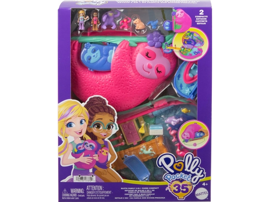 Polly Pocket dussafamilj-set med sengångare (Sloth Family)
