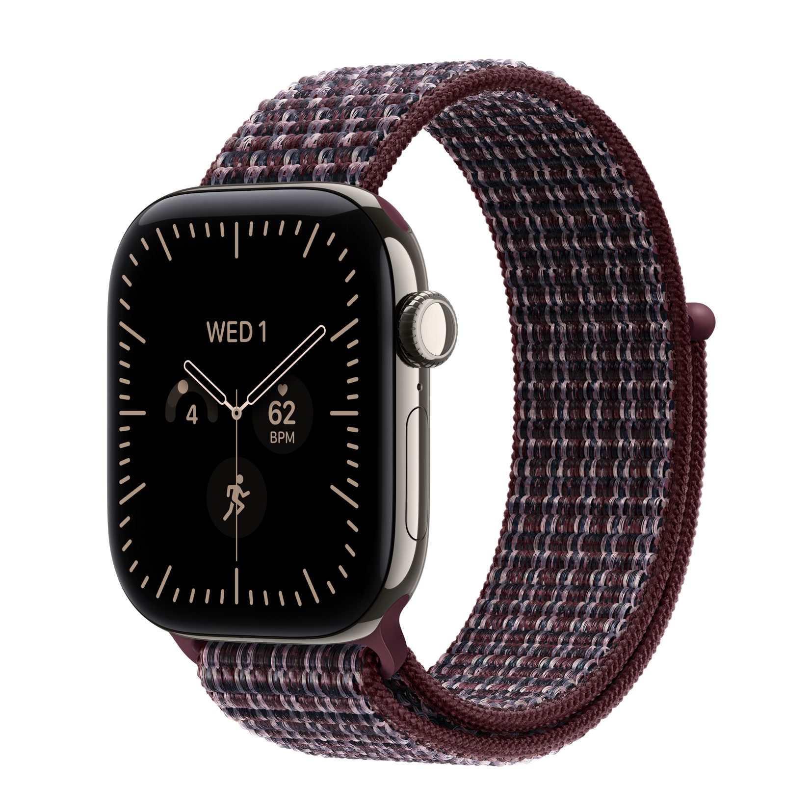 Apple Watch Series 12 (GPS + Cellular) • Titanboett naturlig, 42 mm • Sportloop skotskrutig bourgogne