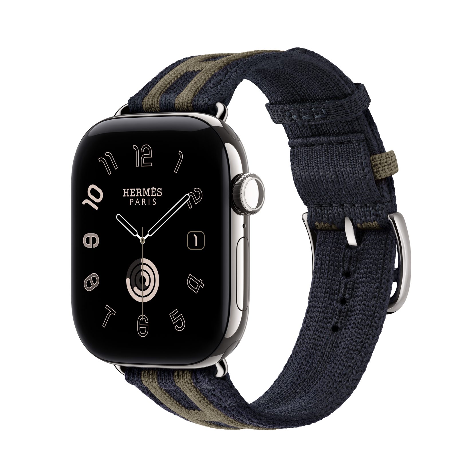 Apple Watch Hermès Series 12 (GPS + Cellular) • Titanboett silver, 42 mm • Rocabar Club i Bleu Nuit/Gris Titane