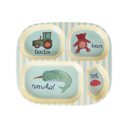 Rice - Melamine Kids 4 Room Plate - Blue ABC Print - Blue