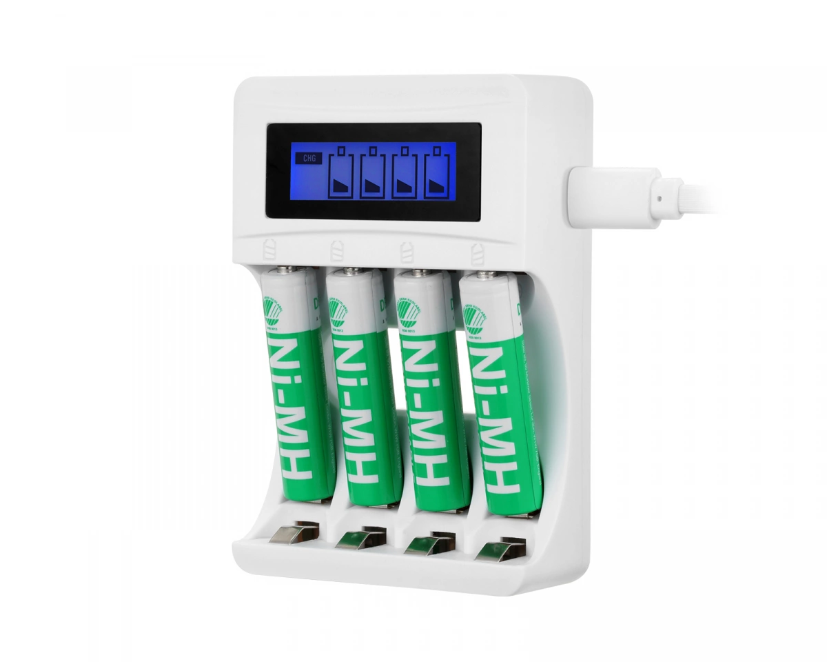 Deltaco USB Batteriladdare för 4xAA/AAA Ni-MH/Ni-Cd Batterier, inkl AAA Batteri - Vit