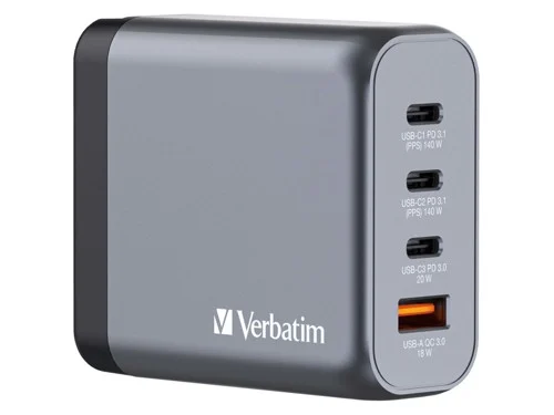 AC-adapter Verbatim GaN Charger 140W, 3xUSB-C / 1xUSB-A, inkl. reseadapter EU/UK/US, bild 2