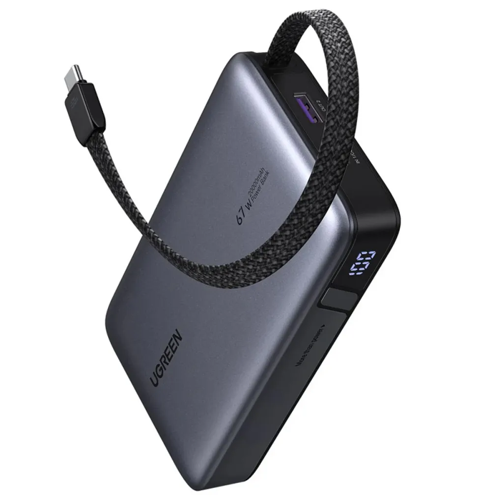UGREEN Powerbank 20000mAh, 67W, QC + PD med inbyggd USB-C-kabel – Grå
