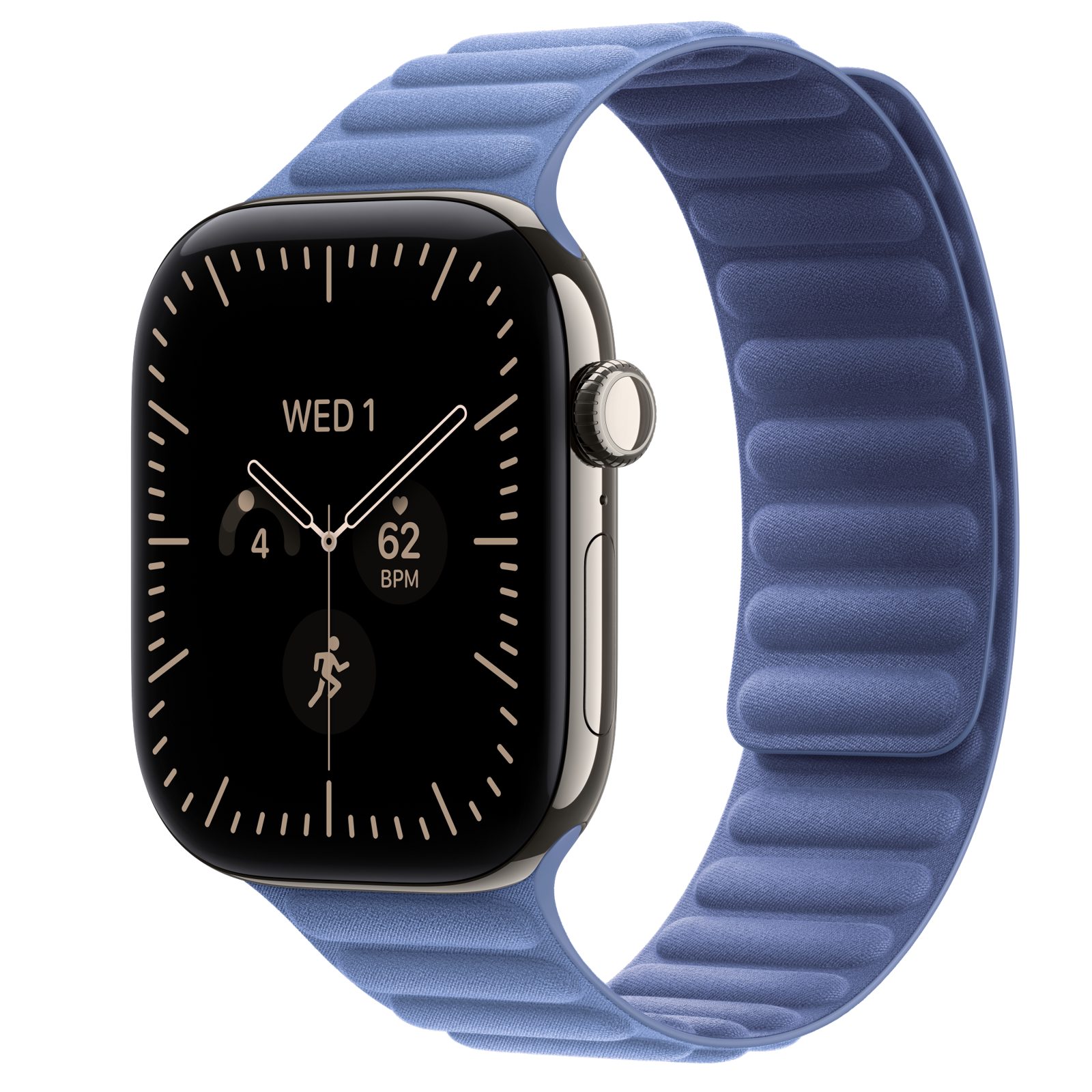 Apple Watch Series 12 (GPS + Cellular) • Titanboett naturlig, 46 mm • Magnetlänk ängsblå