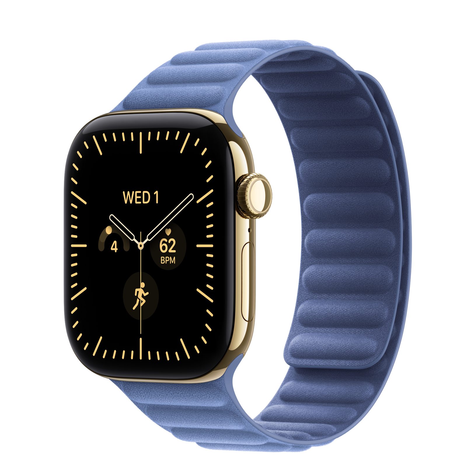Apple Watch Series 12 (GPS + Cellular) • Titanboett skinande guld, 42 mm • Magnetlänk ängsblå