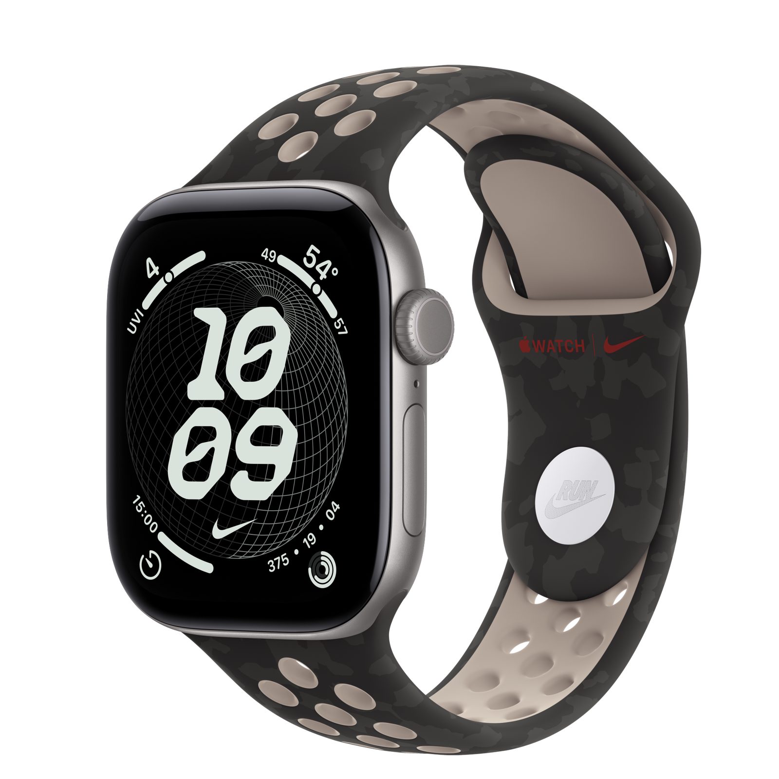 Apple Watch Series 12 (GPS) • Aluminiumboett rymdgrå, 42 mm • Nike-sportband i After Dark Black