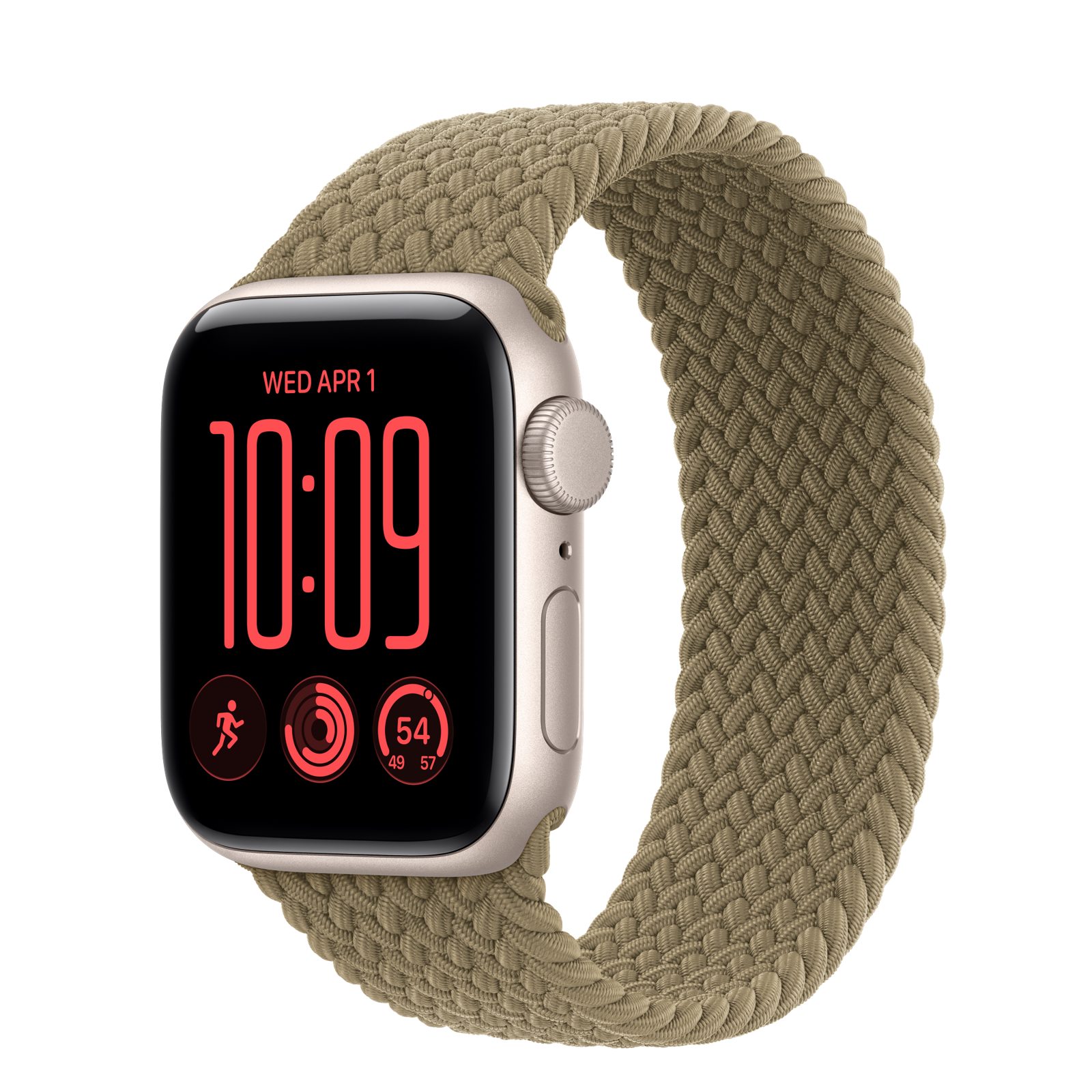 Apple Watch SE 3 (GPS) • Aluminiumboett stjärnglans, 40 mm • Flätad sololoop oliv