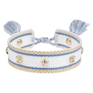 DARK Woven Friendship Bracelet Star Studs White Country Blue & Gold