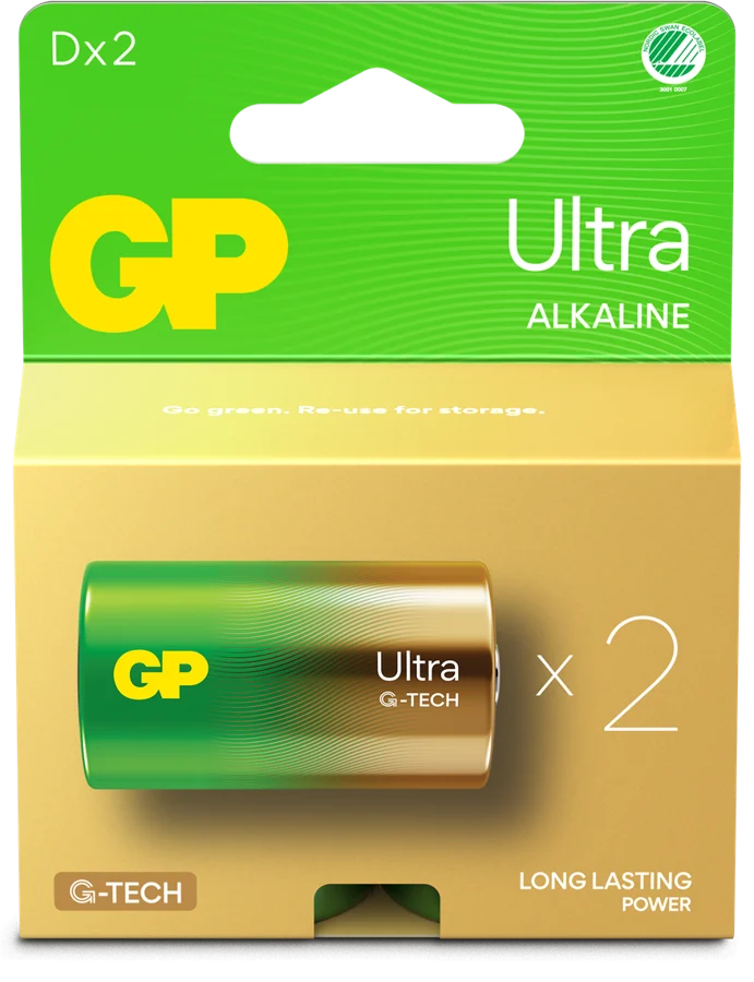 GP Ultra Alkaline Battery, Size D, 13AU/LR20, 1.5V, 2-pack