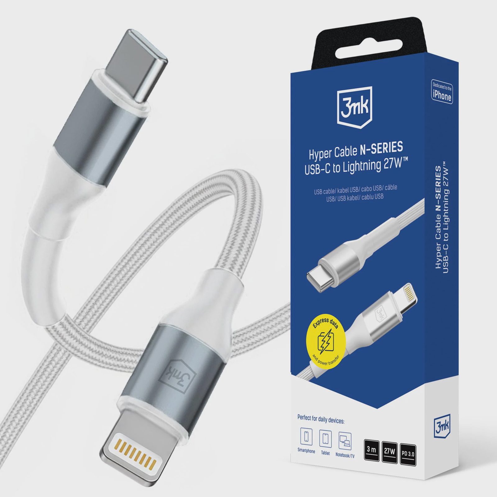 3mk Hyper Cable N-SERIES USB-C / Lightning 3 m PD 3.0 9 V/3 A 27 W – vit