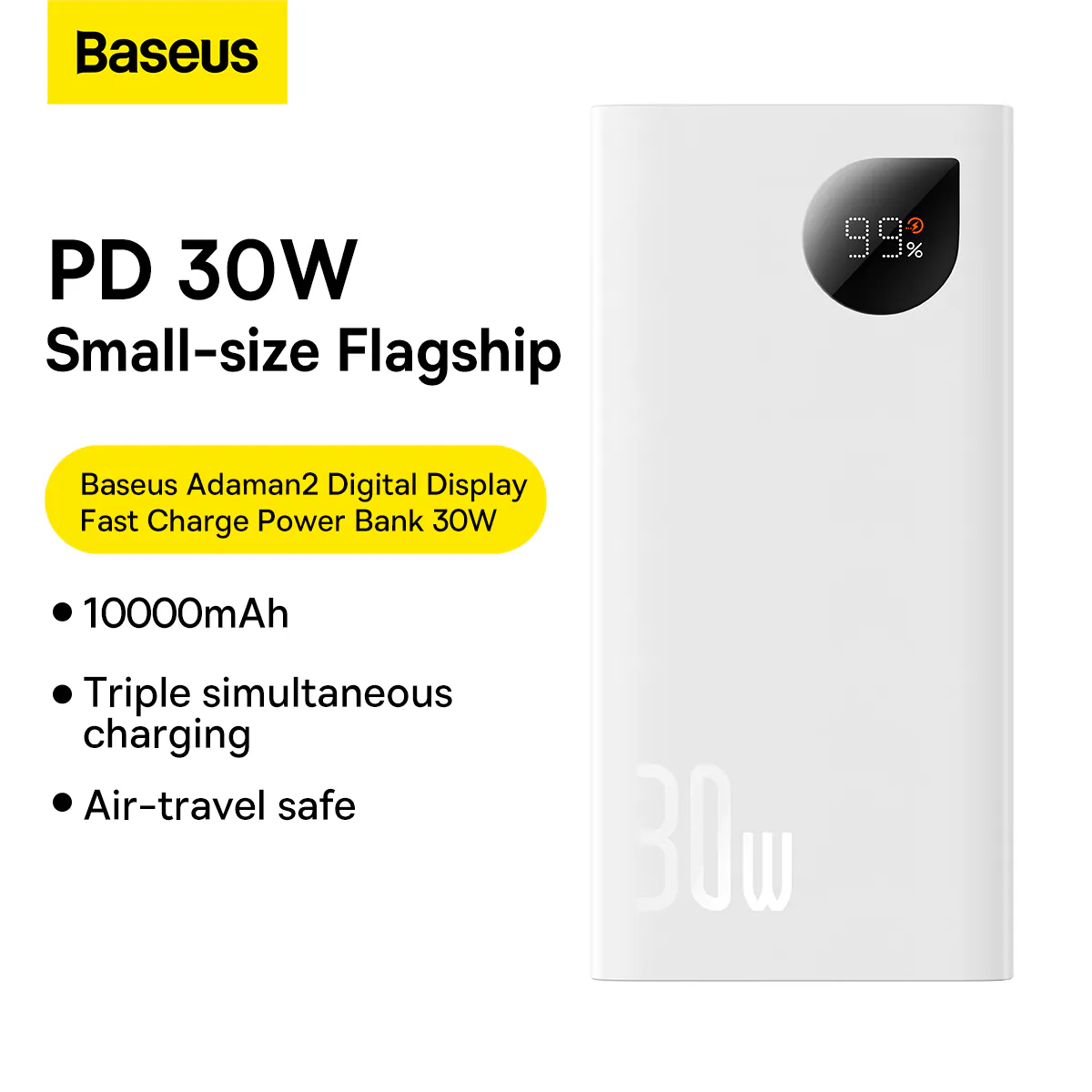 Baseus Adaman2 powerbank med digital display 2x USB-A / 1x USB-C 10000mAh 30W - vit, bild 4
