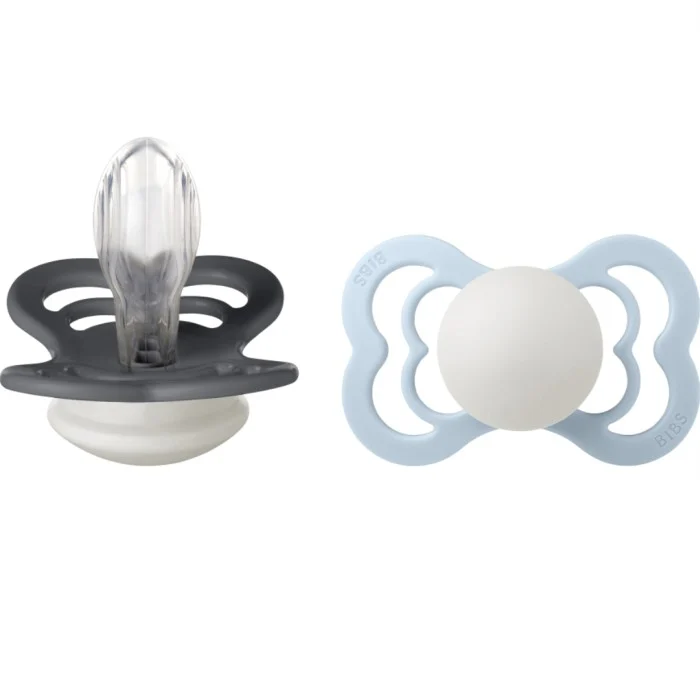 BIBS Pacifier Supreme 2-pack Silicone Size 2 Iron Glow/Baby Blue Glow