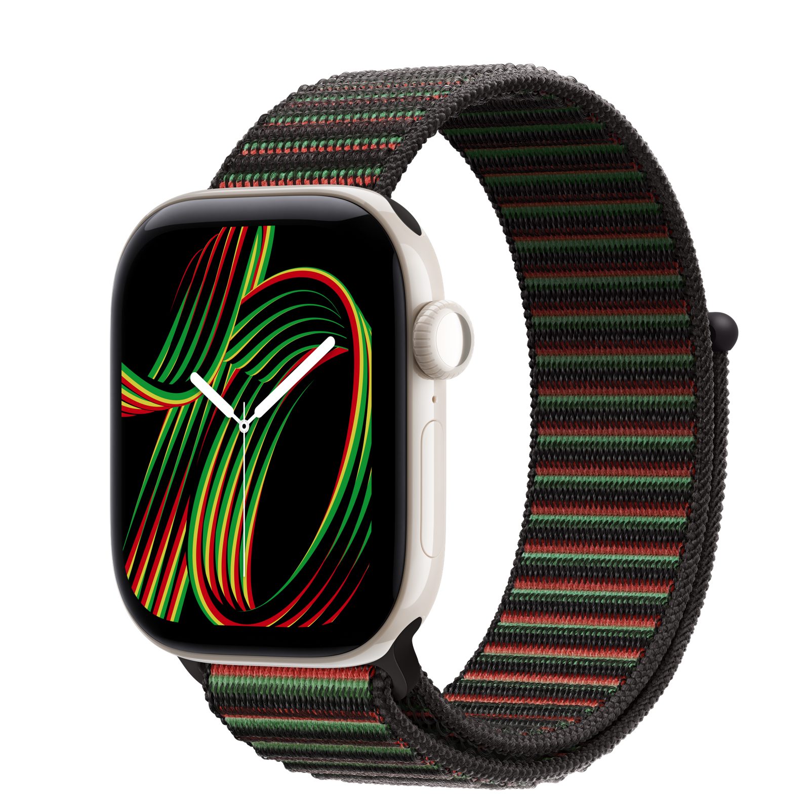 Apple Watch Series 12 (GPS + Cellular) • Keramikboett pärlvit, 42 mm • Sportloop Black Unity – Unity Rhythm