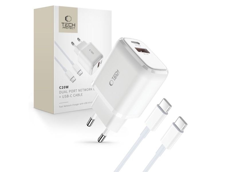 Tech-Protect nätladdare C20W 2-port Network Charger PD 20W QC 3.0 + USB-C-kabel – vit