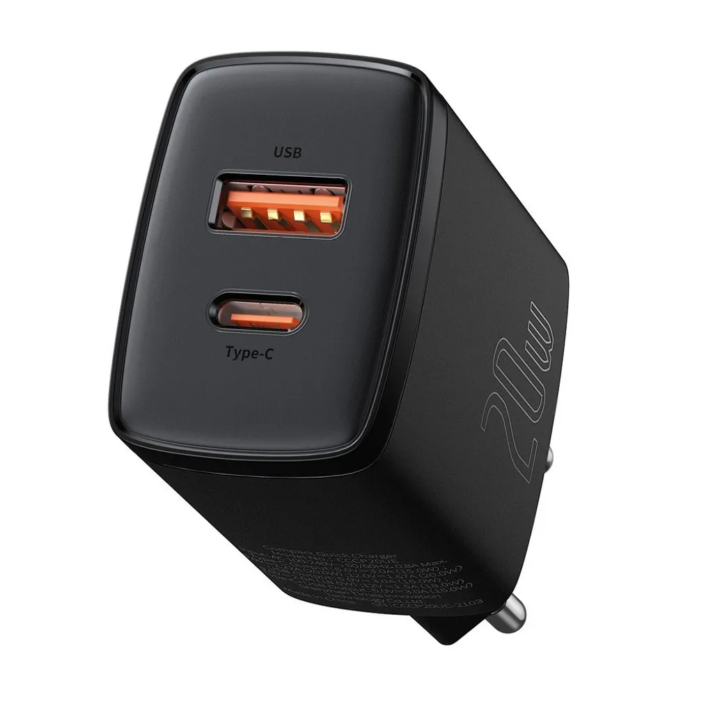 Baseus Kompakt Snabbladdare USB-C/USB-A 20W PD - Svart