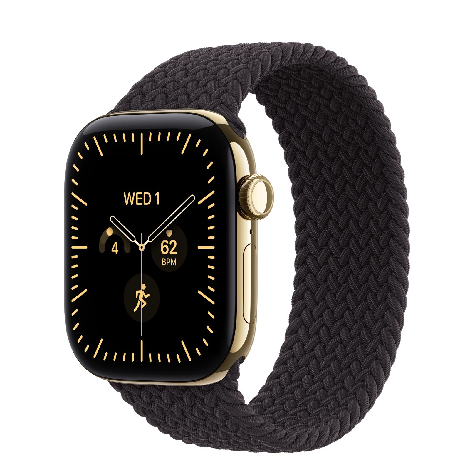 Apple Watch Series 12 (GPS + Cellular) • Titanboett skinande guld, 42 mm • Flätad sololoop svart