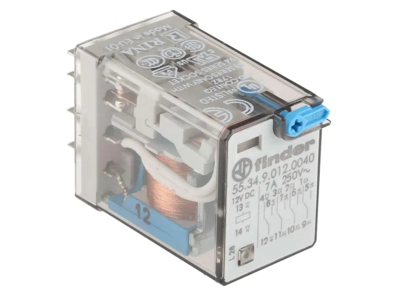 FINDER Industriellt relä 7A (15A), 4CO, 12VDC för uttagsserie 94. Låsbar testknapp och mekanisk indikator.