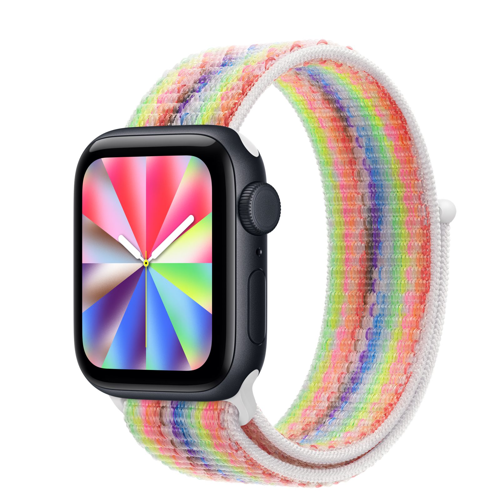 Apple Watch SE 3 (GPS + Cellular) • Aluminiumboett midnatt, 40 mm • Sportloop Pride Edition